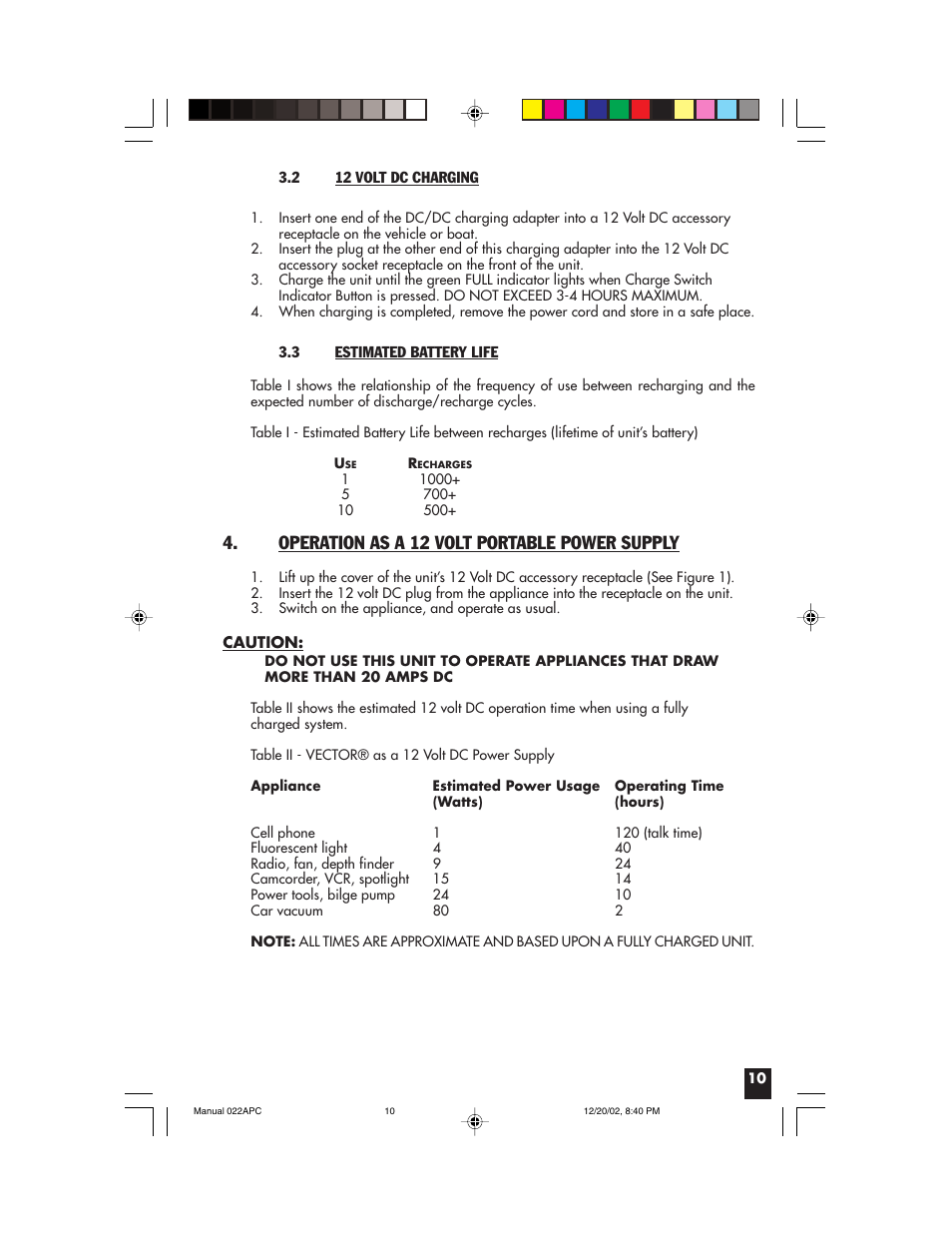 Operation as a 12 volt portable power supply | Vector 022APC User Manual | Page 10 / 16
