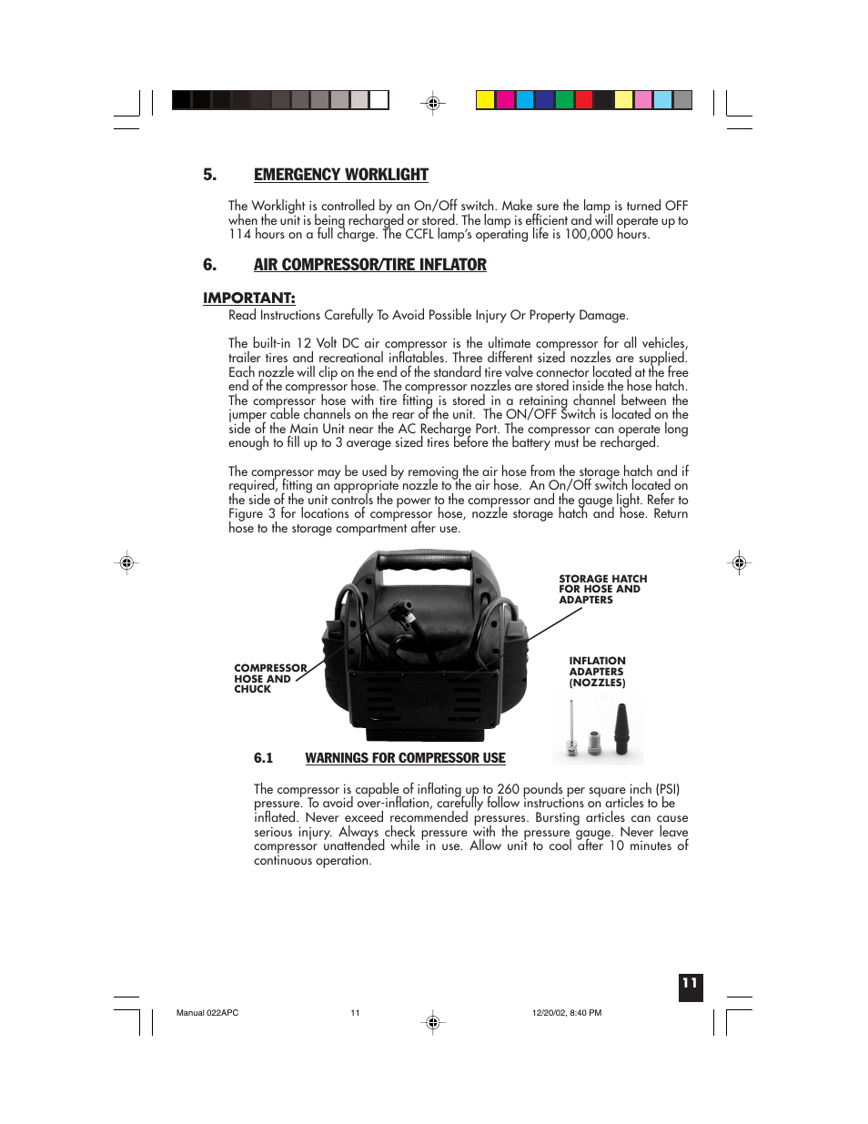 Emergency worklight, Air compressor/tire inflator | Vector 022APC User Manual | Page 11 / 16