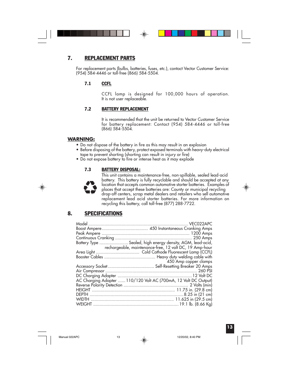 Replacement parts, Specifications | Vector 022APC User Manual | Page 13 / 16