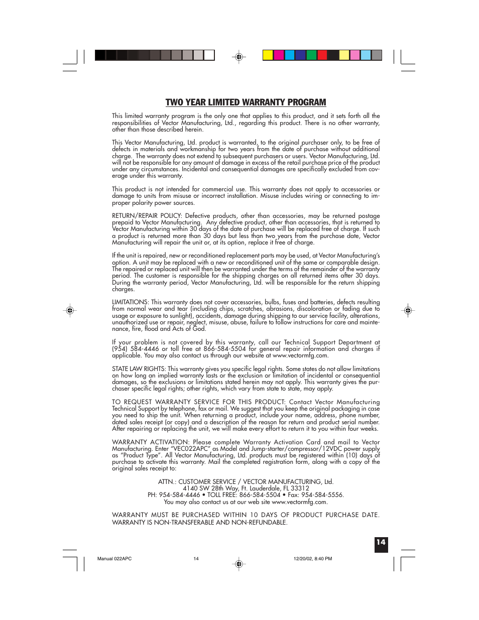 Two year limited warranty program | Vector 022APC User Manual | Page 14 / 16