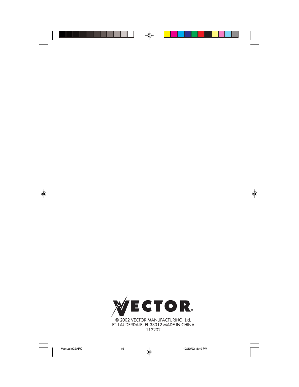 Vector 022APC User Manual | Page 16 / 16
