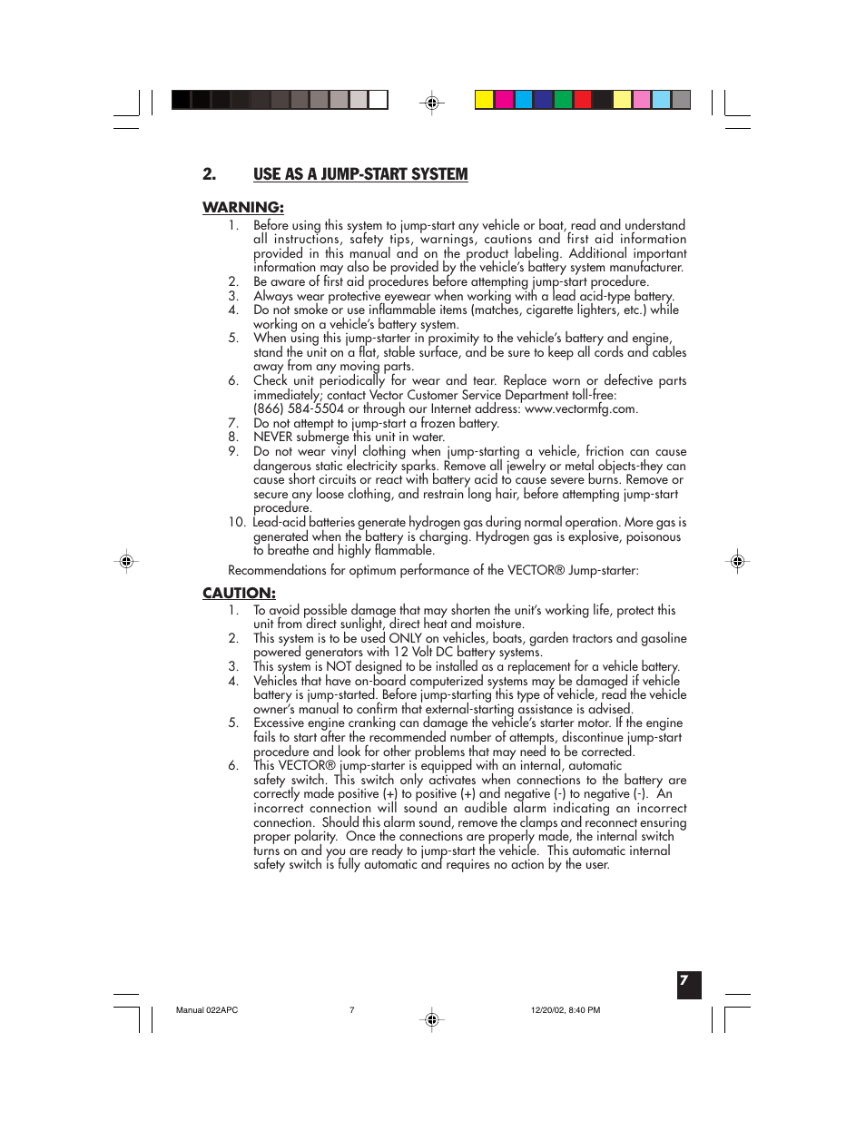 Use as a jump-start system | Vector 022APC User Manual | Page 7 / 16