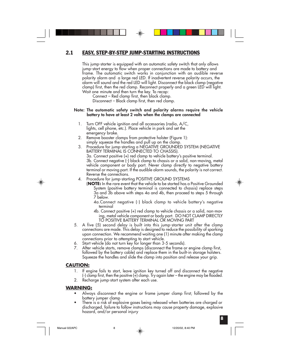 1 easy, step-by-step jump-starting instructions | Vector 022APC User Manual | Page 8 / 16