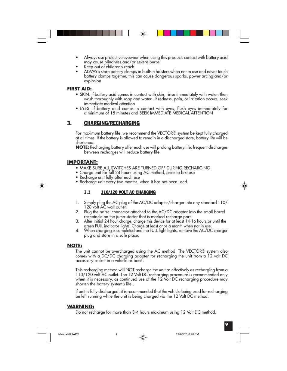 Charging/recharging | Vector 022APC User Manual | Page 9 / 16