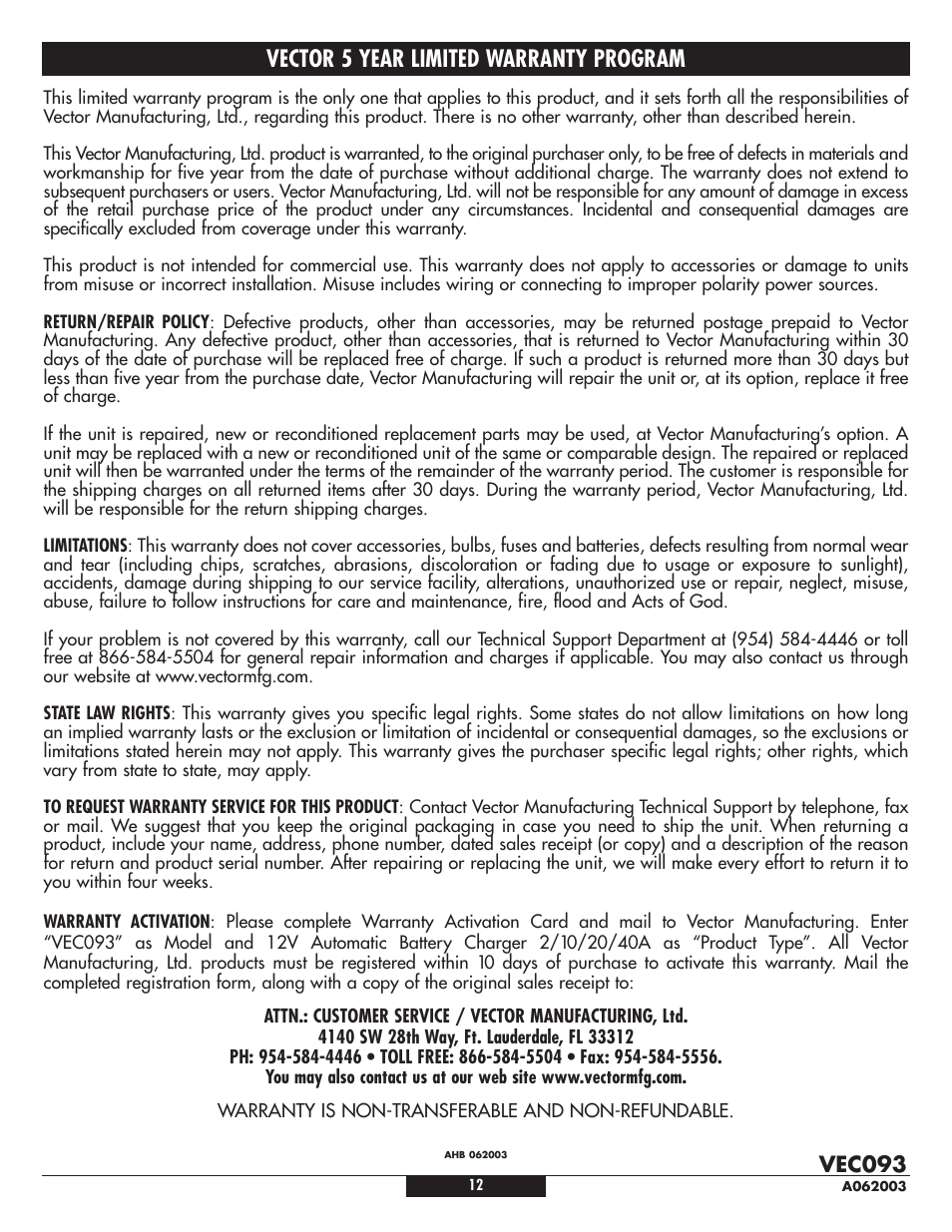 Vector 5 year limited warranty program, Vec093 | Vector VEC093 User Manual | Page 12 / 12