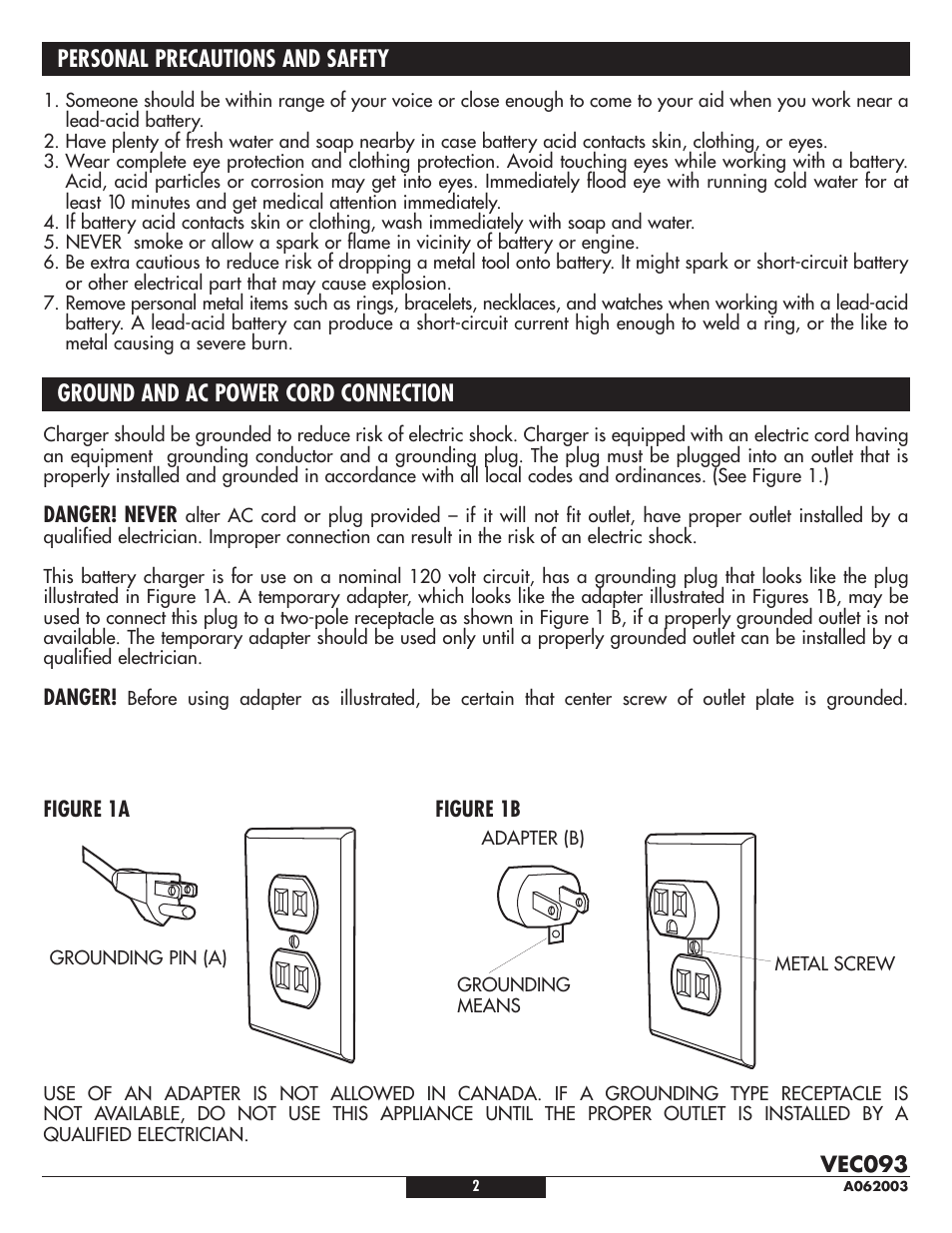 Personal precautions and safety, Ground and ac power cord connection | Vector VEC093 User Manual | Page 2 / 12