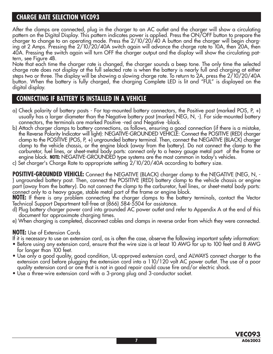 Charge rate selection vec093, Connecting if battery is installed in a vehicle | Vector VEC093 User Manual | Page 7 / 12