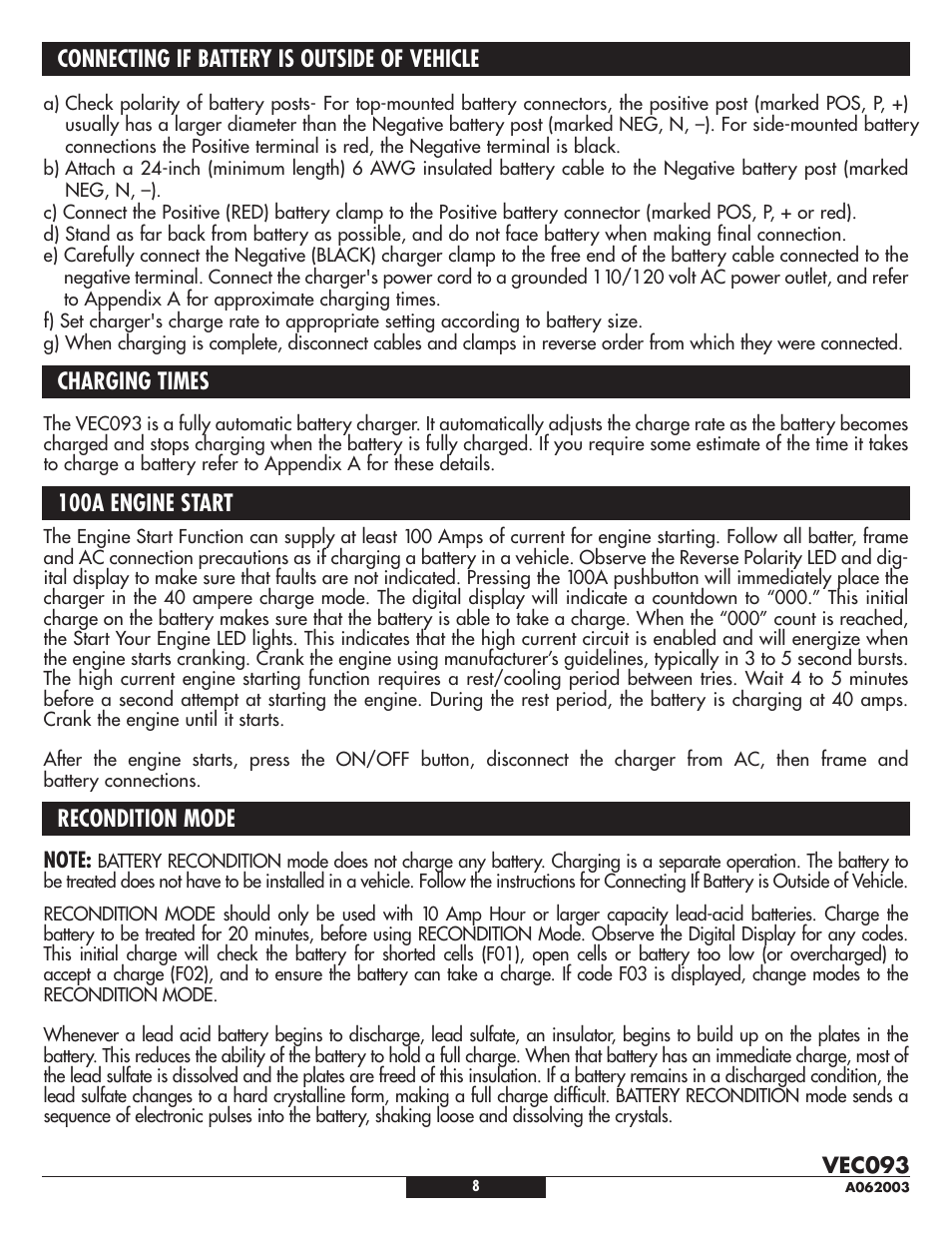 Connecting if battery is outside of vehicle, Charging times, 100a engine start | Recondition mode | Vector VEC093 User Manual | Page 8 / 12