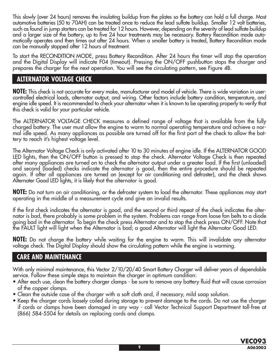 Alternator voltage check, Care and maintenance | Vector VEC093 User Manual | Page 9 / 12