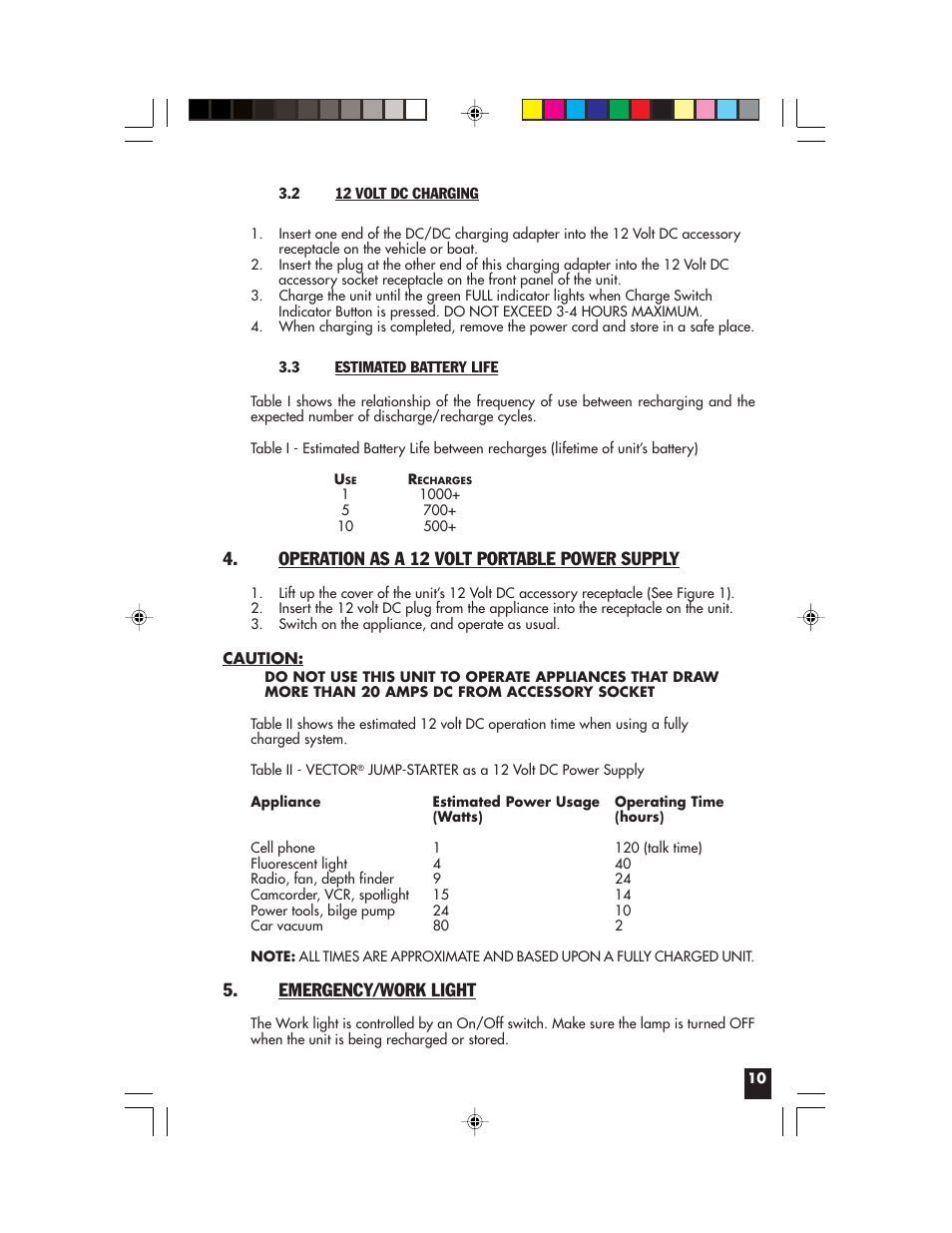 Operation as a 12 volt portable power supply, Emergency/work light | Vector Start-It VEC021APC User Manual | Page 10 / 16