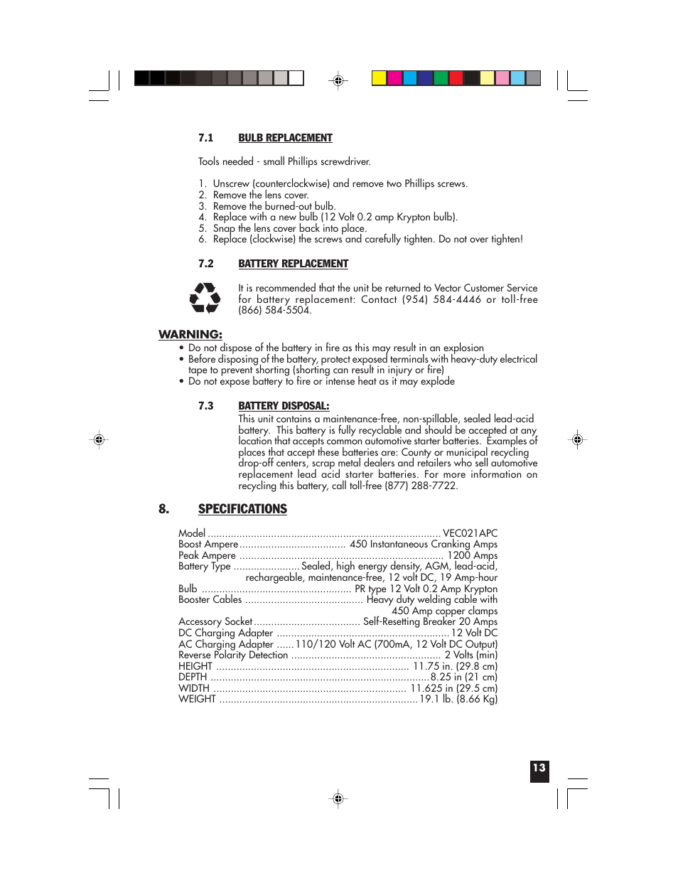 Specifications | Vector Start-It VEC021APC User Manual | Page 13 / 16