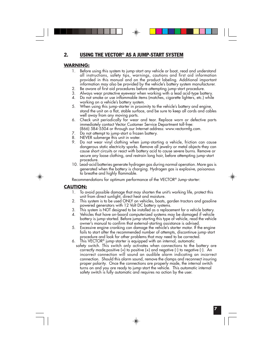 Using the vector, As a jump-start system | Vector Start-It VEC021APC User Manual | Page 7 / 16