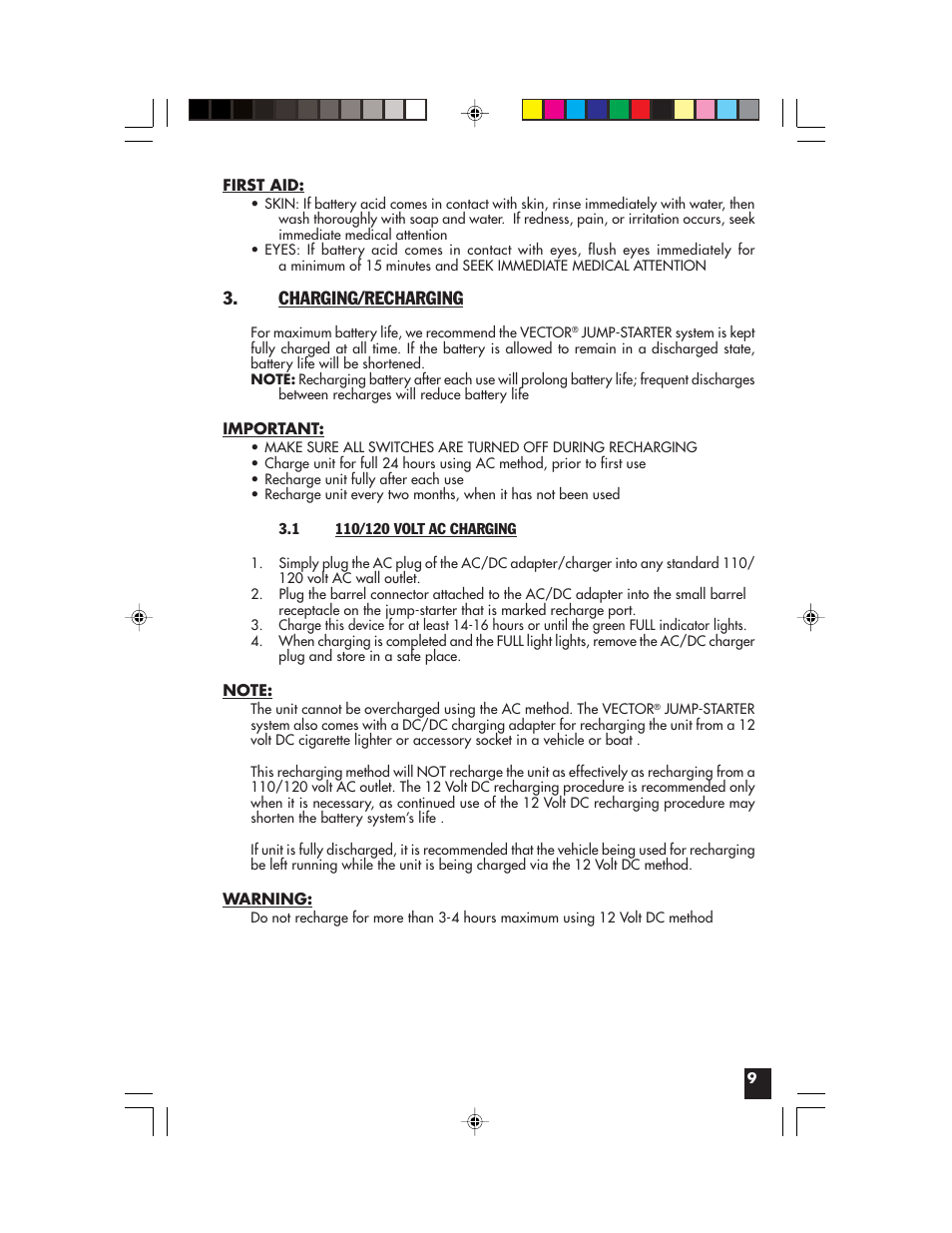 Charging/recharging | Vector Start-It VEC021APC User Manual | Page 9 / 16