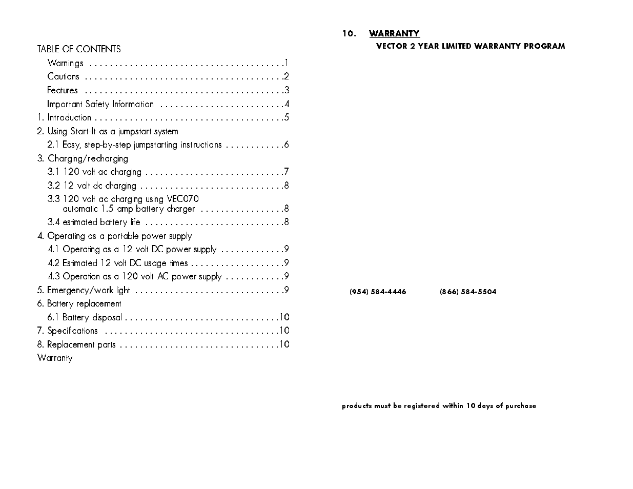 Warranty, Vector 2 year limited warranty program | Vector Start-It AB121903 User Manual | Page 2 / 8