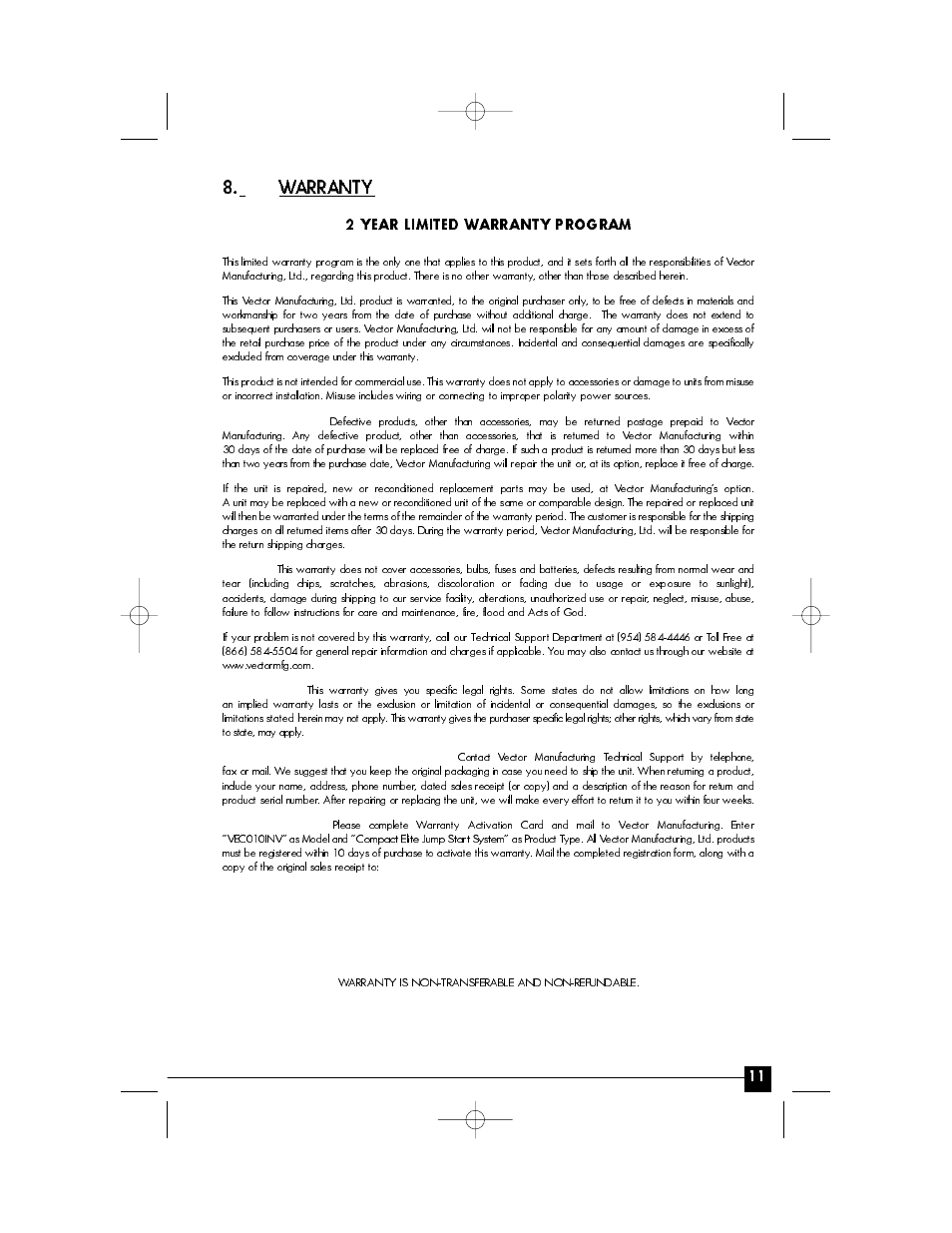 Warranty | Vector Compact Elite VEC010INV User Manual | Page 11 / 15