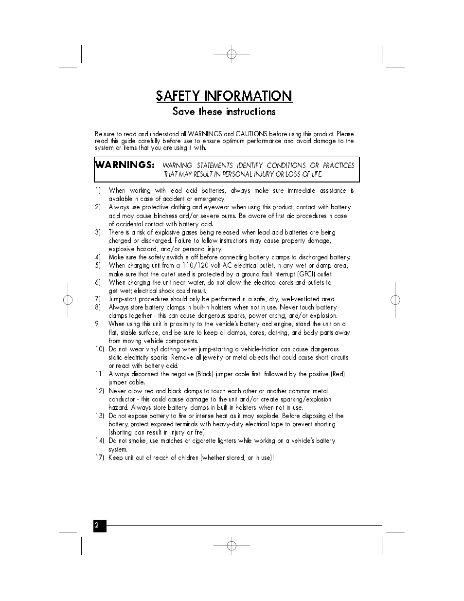 Safety information, Save these instructions | Vector Compact Elite VEC010INV User Manual | Page 2 / 15