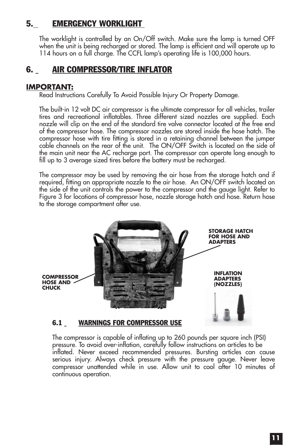 Emergency worklight, Air compressor/tire inflator | Vector START-IT MAXX VW022APC User Manual | Page 11 / 16