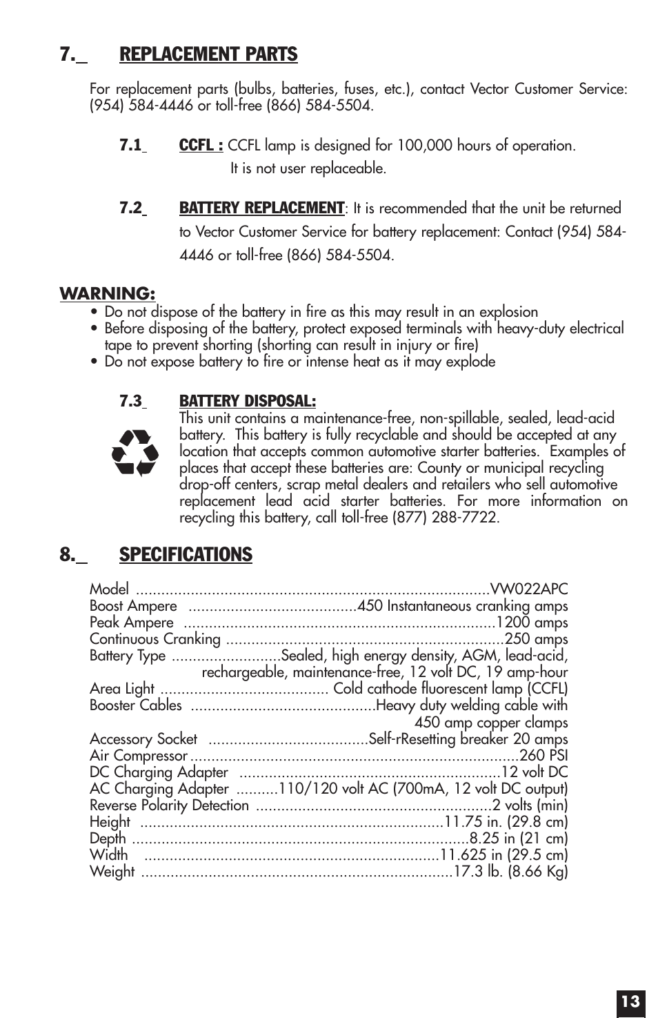 Replacement parts, Specifications | Vector START-IT MAXX VW022APC User Manual | Page 13 / 16