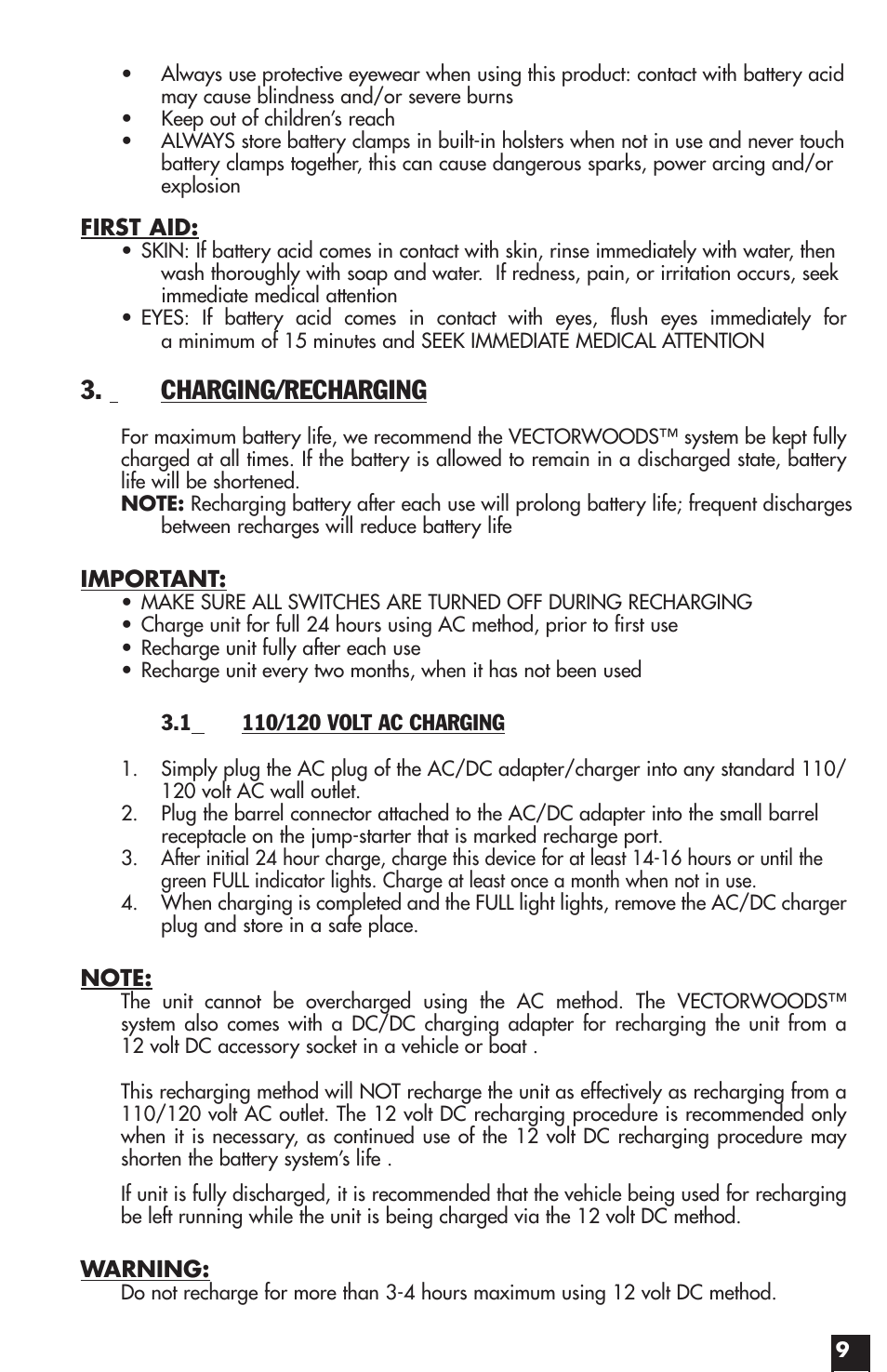 Charging/recharging | Vector START-IT MAXX VW022APC User Manual | Page 9 / 16