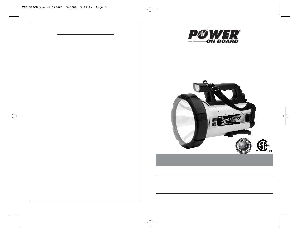 Vector SPORT SPOT VEC190POB User Manual | 6 pages