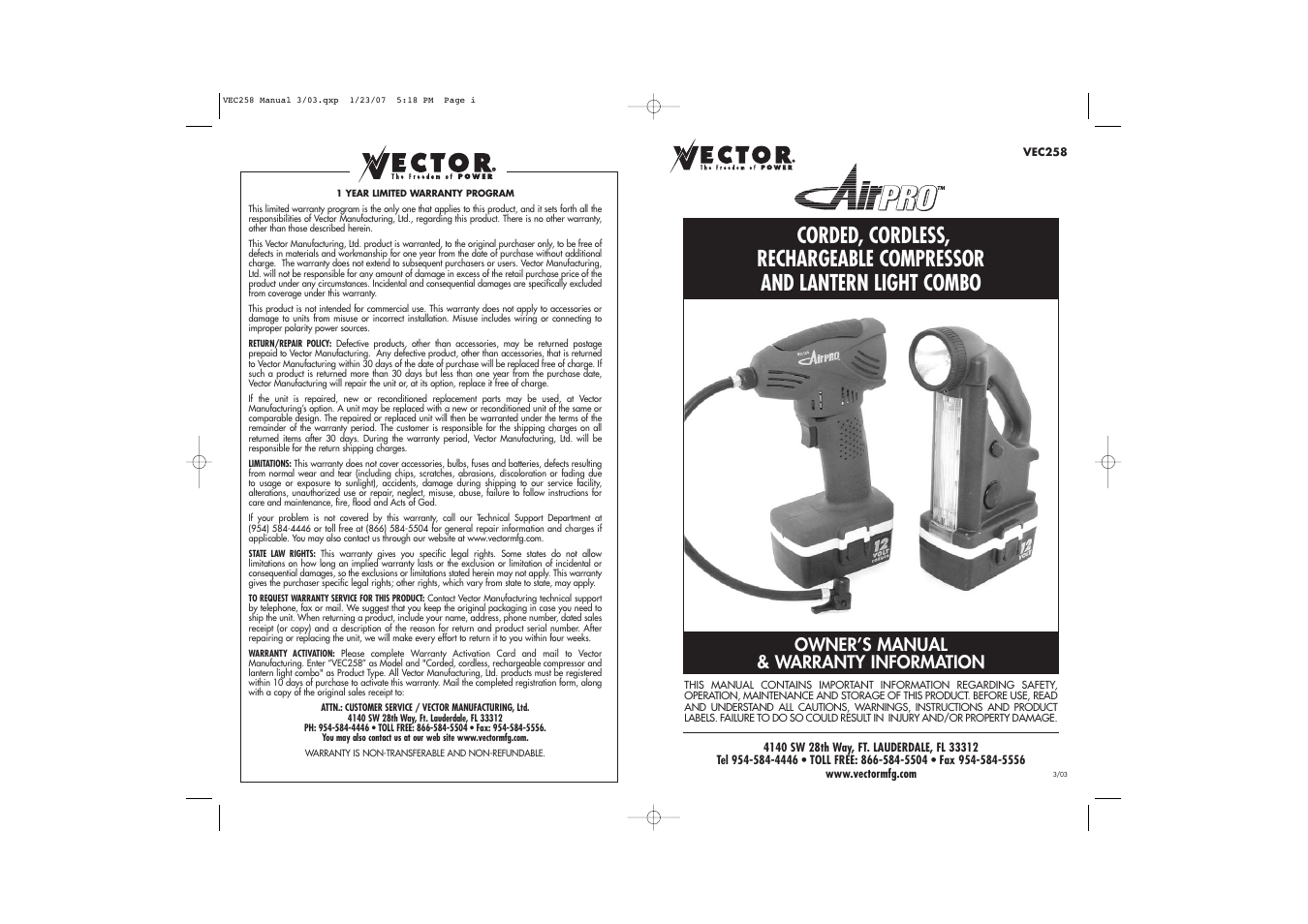 Vector AIRPRO VEC258 User Manual | 7 pages