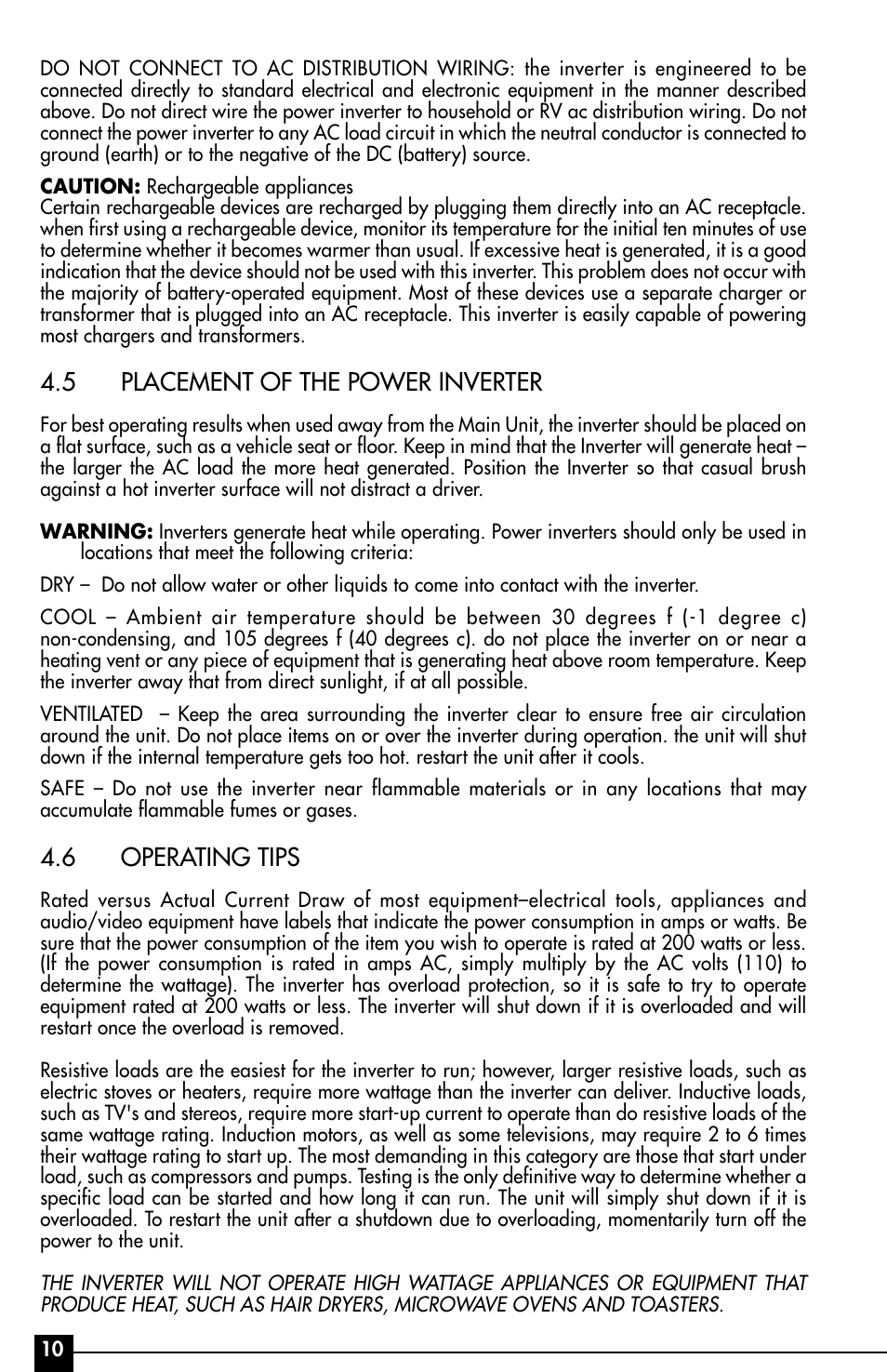 5 placement of the power inverter, 6 operating tips | Vector Power City VEC029AC User Manual | Page 10 / 20