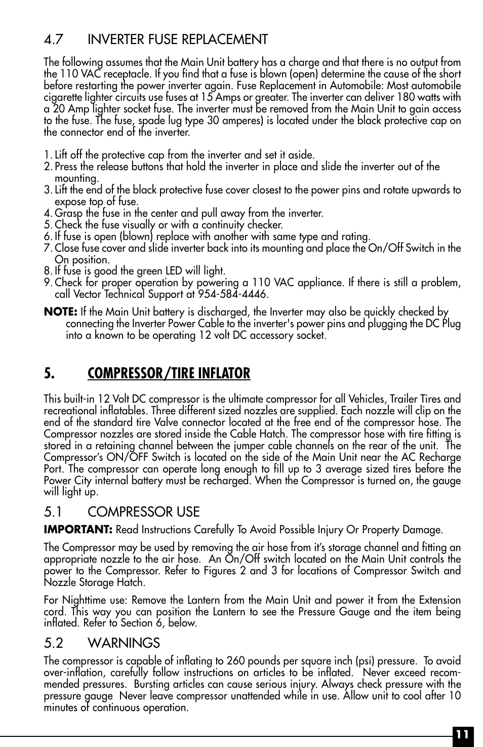 Compressor/tire inflator, 7 inverter fuse replacement, 1 compressor use | 2 warnings | Vector Power City VEC029AC User Manual | Page 11 / 20