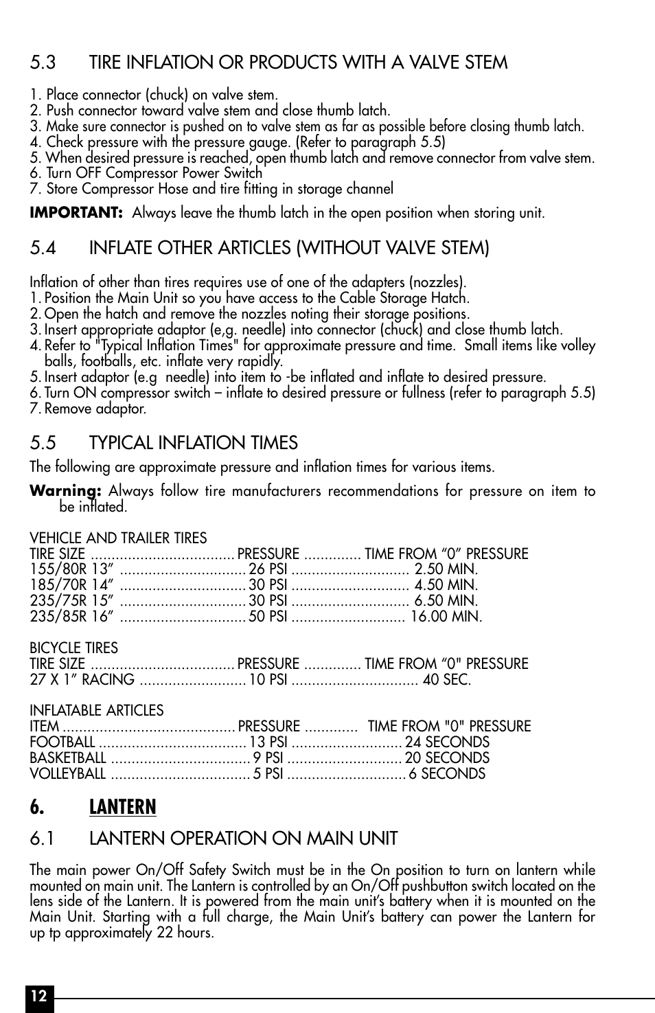 Lantern, 3 tire inflation or products with a valve stem, 4 inflate other articles (without valve stem) | 5 typical inflation times, 1 lantern operation on main unit | Vector Power City VEC029AC User Manual | Page 12 / 20