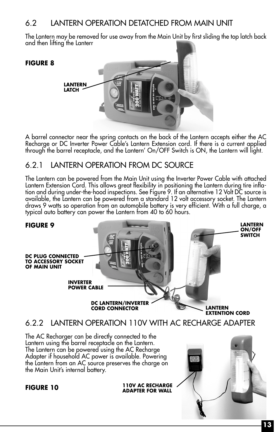 2 lantern operation detatched from main unit, 1 lantern operation from dc source, 2 lantern operation 110v with ac recharge adapter | Vector Power City VEC029AC User Manual | Page 13 / 20