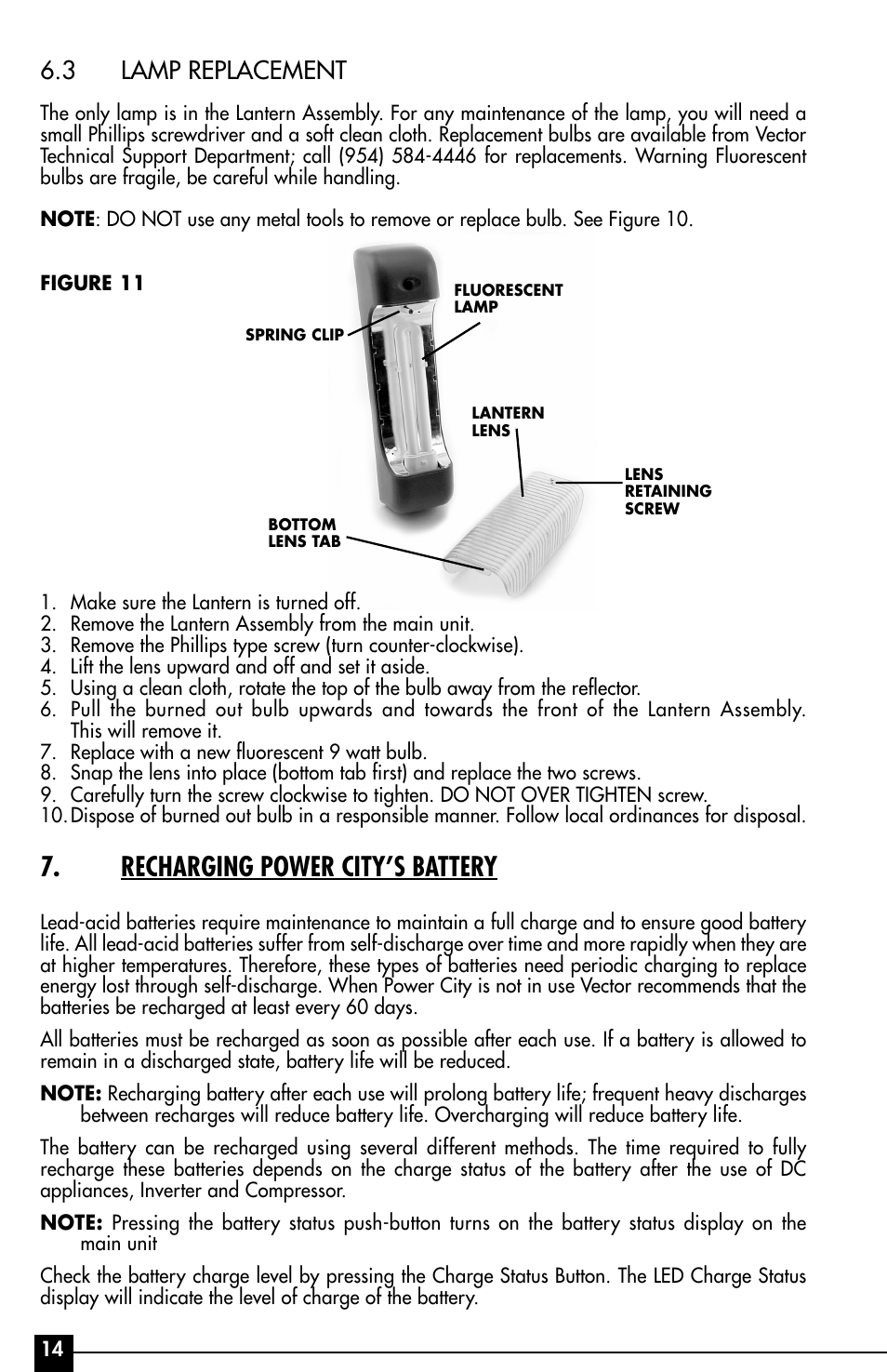 Recharging power city’s battery, 3 lamp replacement | Vector Power City VEC029AC User Manual | Page 14 / 20