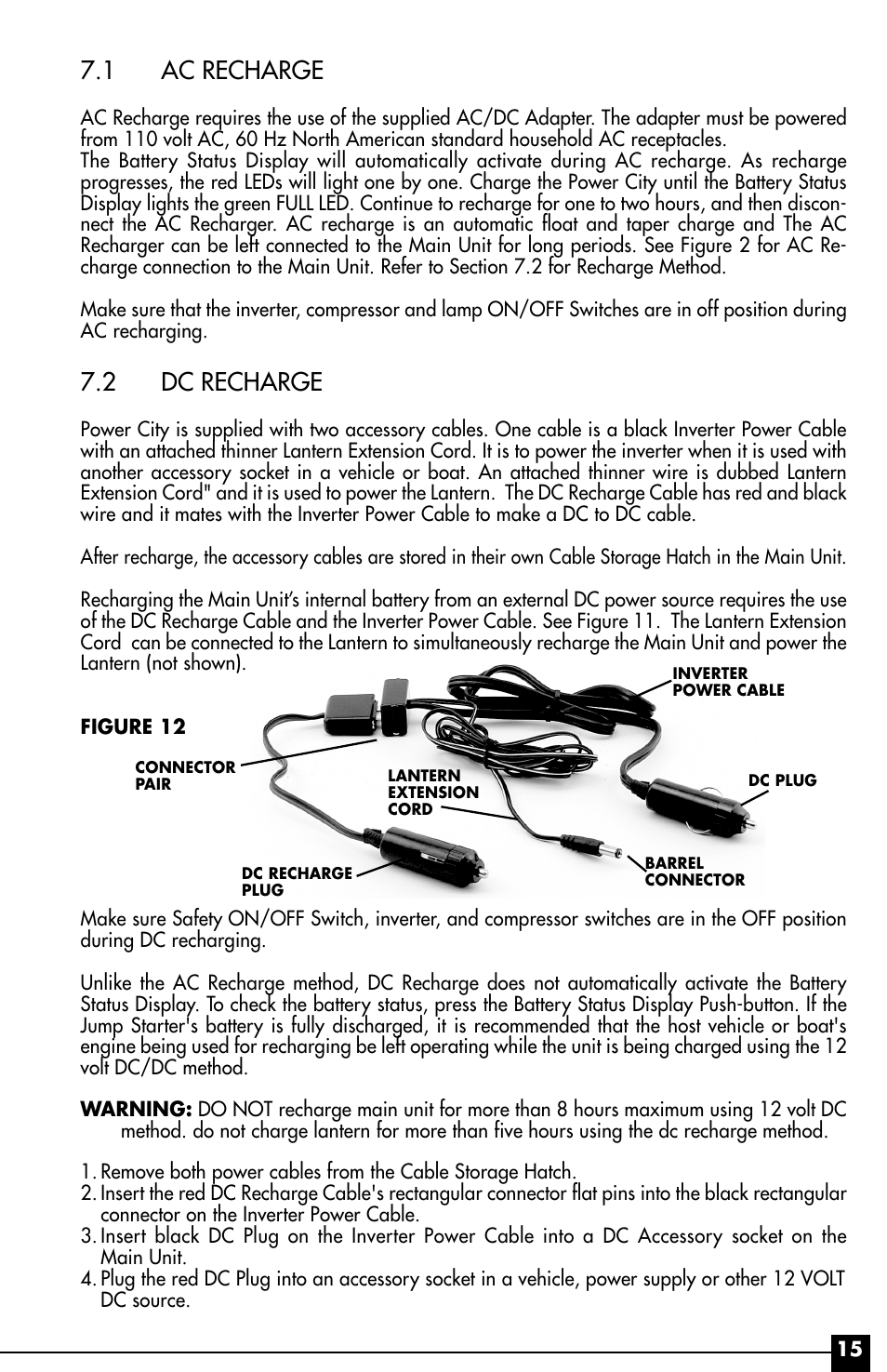 1 ac recharge, 2 dc recharge | Vector Power City VEC029AC User Manual | Page 15 / 20