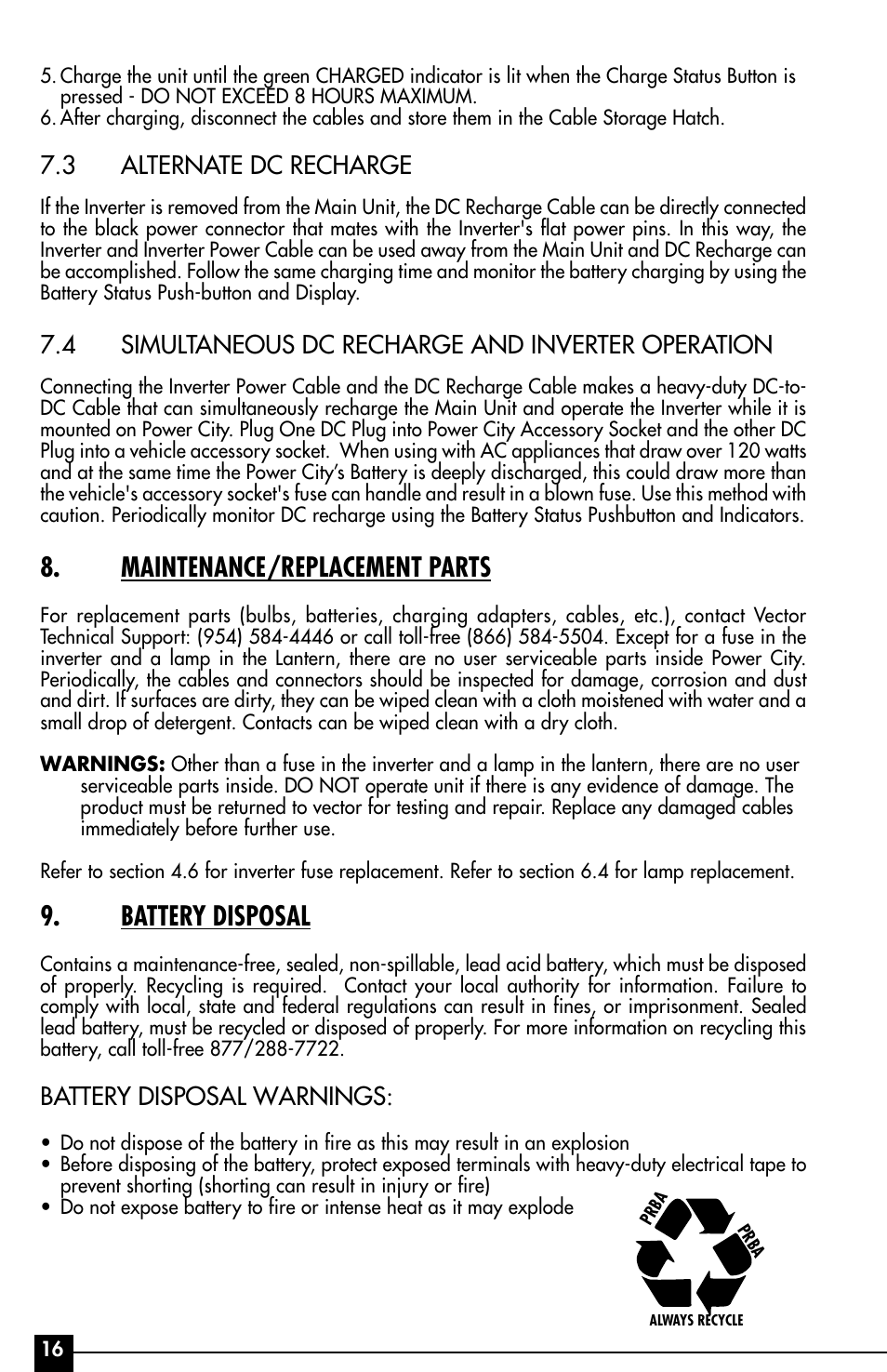 Maintenance/replacement parts, Battery disposal, 3 alternate dc recharge | 4 simultaneous dc recharge and inverter operation, Battery disposal warnings | Vector Power City VEC029AC User Manual | Page 16 / 20