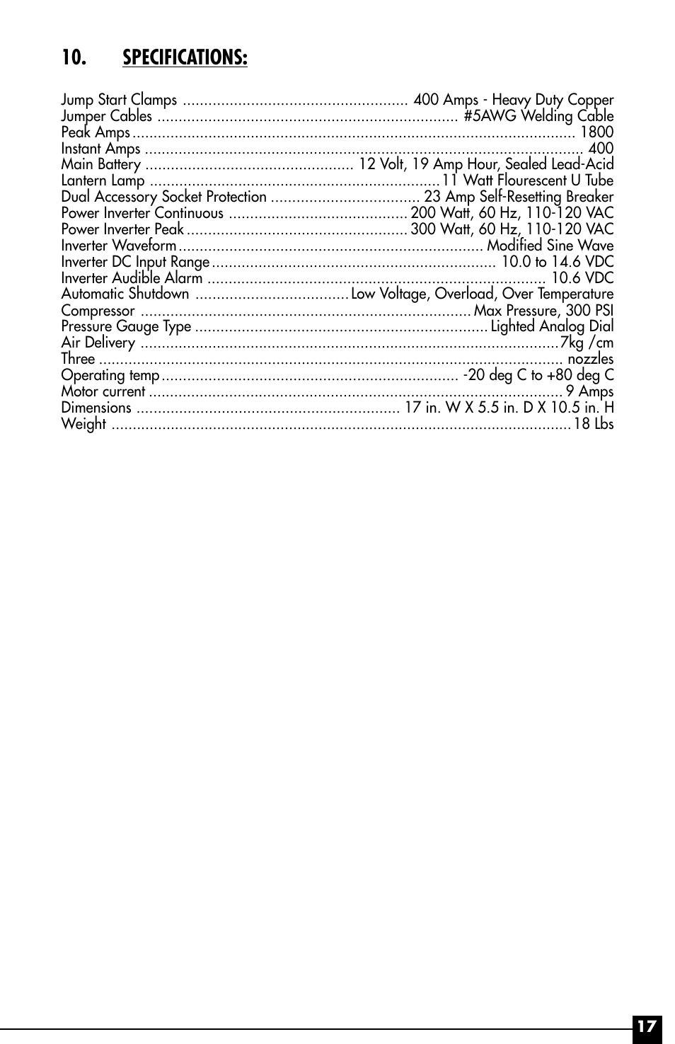 Specifications | Vector Power City VEC029AC User Manual | Page 17 / 20