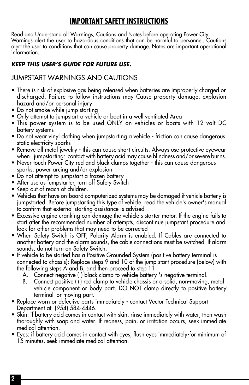 Important safety instructions, Jumpstart warnings and cautions | Vector Power City VEC029AC User Manual | Page 2 / 20