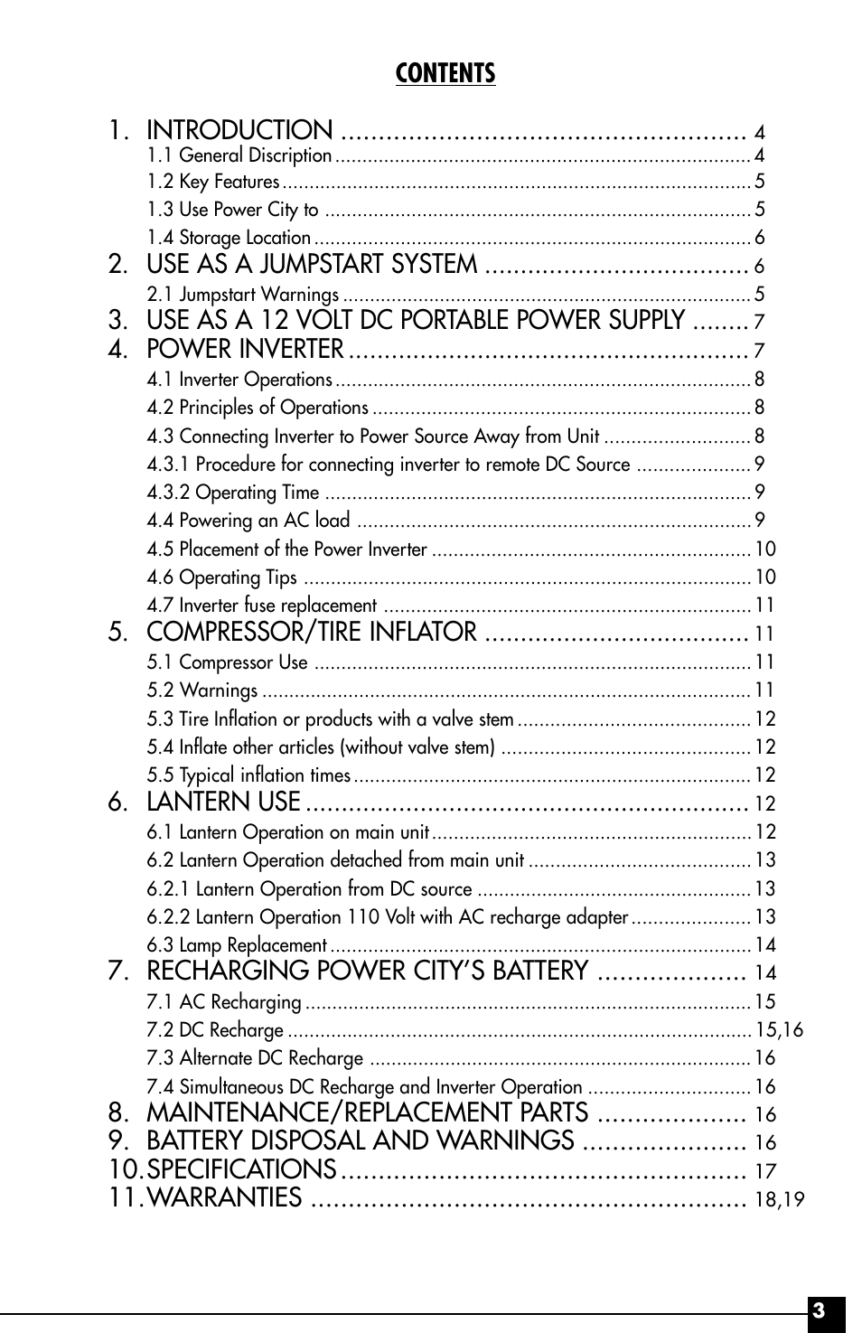 Contents 1. introduction, Use as a jumpstart system, Use as a 12 volt dc portable power supply | Power inverter, Compressor/tire inflator, Lantern use, Recharging power city’s battery, Maintenance/replacement parts, Battery disposal and warnings, Specifications | Vector Power City VEC029AC User Manual | Page 3 / 20