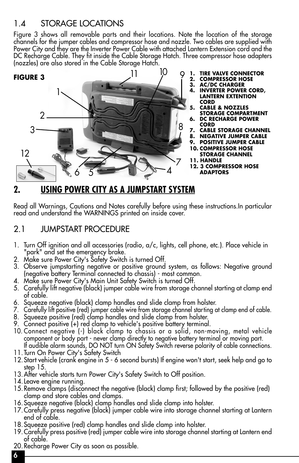 Using power city as a jumpstart system, 4 storage locations, 1 jumpstart procedure | Vector Power City VEC029AC User Manual | Page 6 / 20