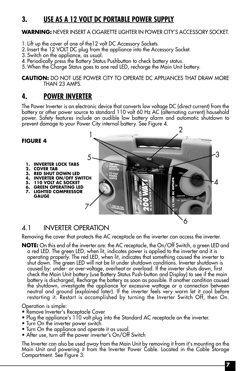 Use as a 12 volt dc portable power supply, Power inverter, 1 inverter operation | Vector Power City VEC029AC User Manual | Page 7 / 20