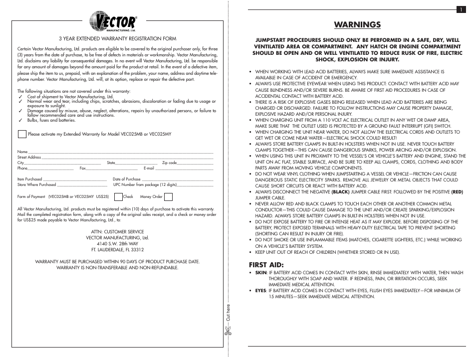 Warnings, First aid | Vector Start-It VEC025MB User Manual | Page 3 / 8