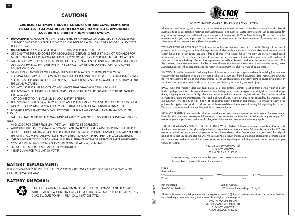 Cautions, Battery replacement, Battery disposal | Vector Start-It VEC025MB User Manual | Page 4 / 8