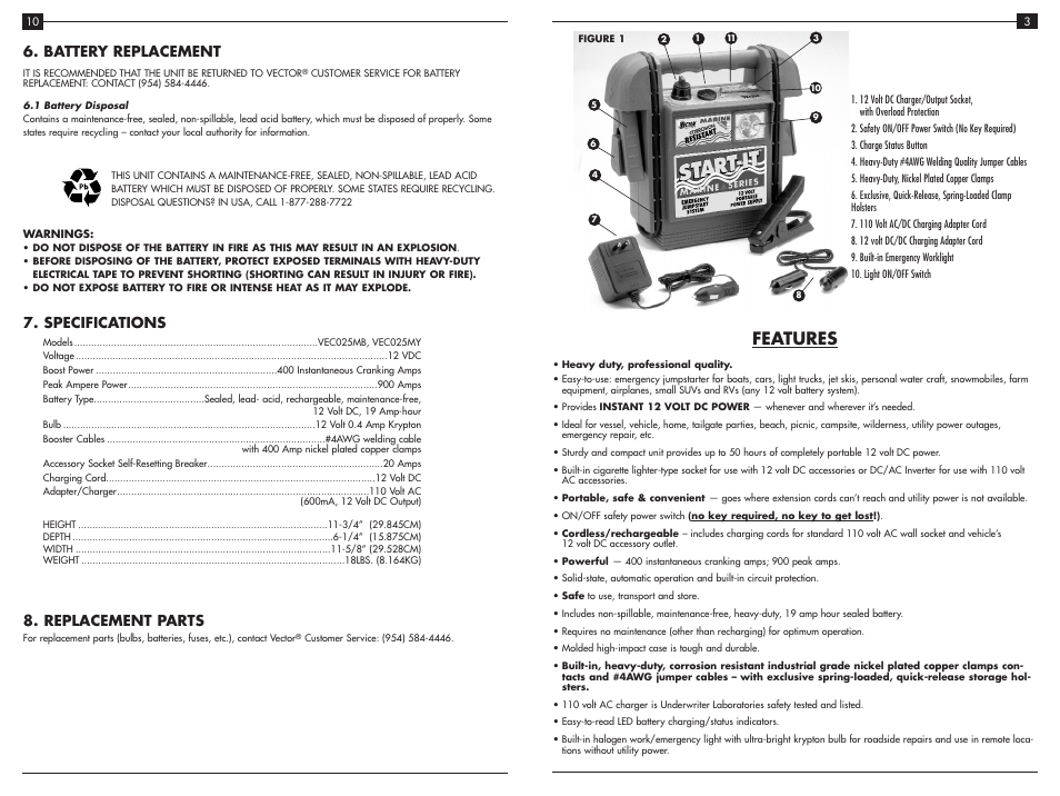 Features, Battery replacement, Specifications 8. replacement parts | Vector Start-It VEC025MB User Manual | Page 5 / 8