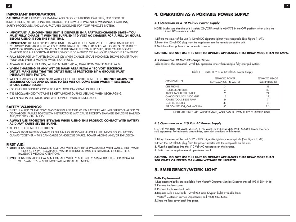 Operation as a portable power supply, Emergency/work light | Vector Start-It VEC025MB User Manual | Page 6 / 8
