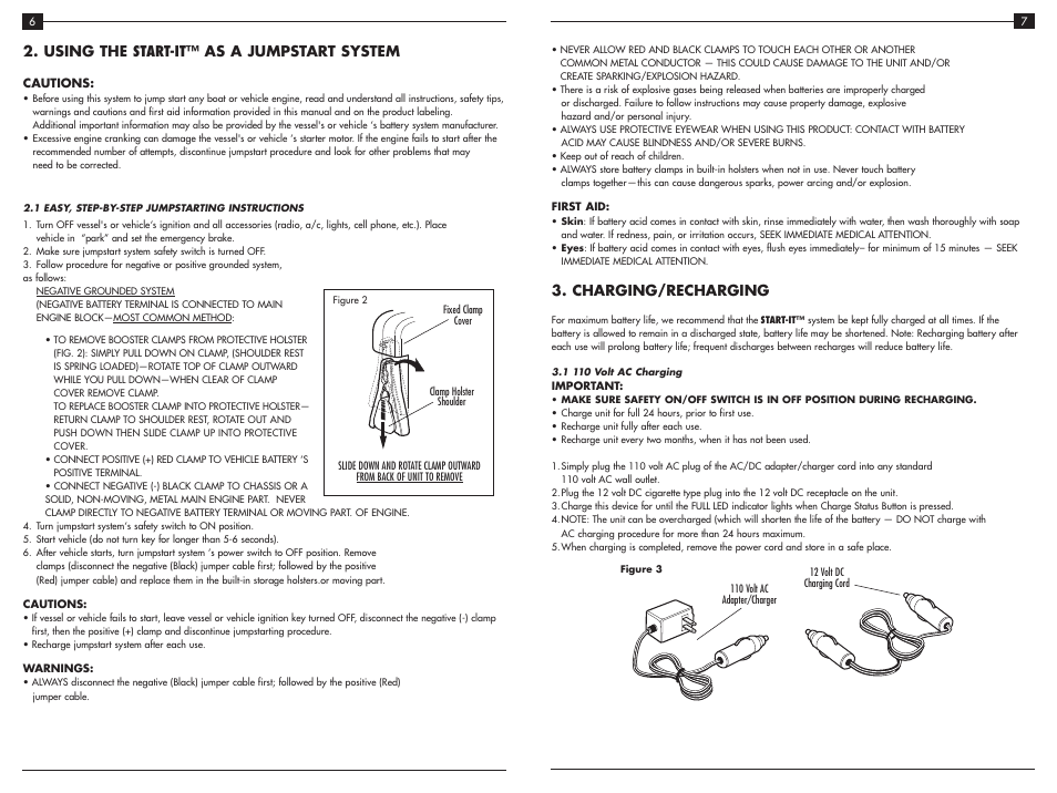 Charging/recharging, Using the start-it™ as a jumpstart system | Vector Start-It VEC025MB User Manual | Page 8 / 8