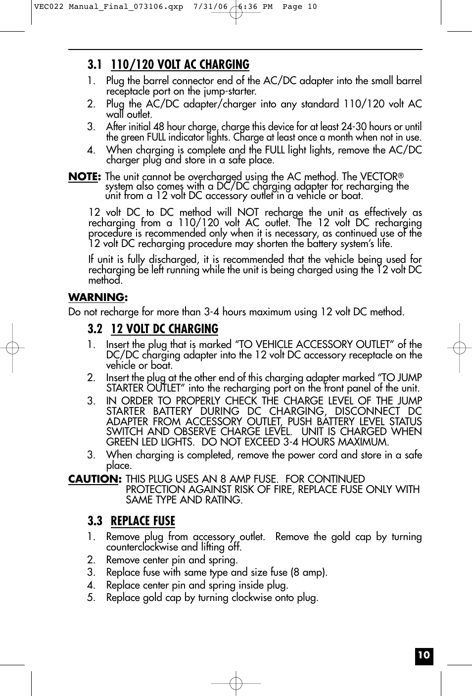 2 12 volt dc charging, 3 replace fuse | Vector VEC022 User Manual | Page 10 / 15