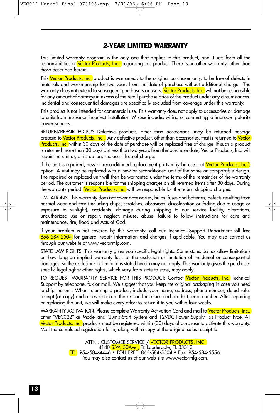 Year limited warranty | Vector VEC022 User Manual | Page 13 / 15