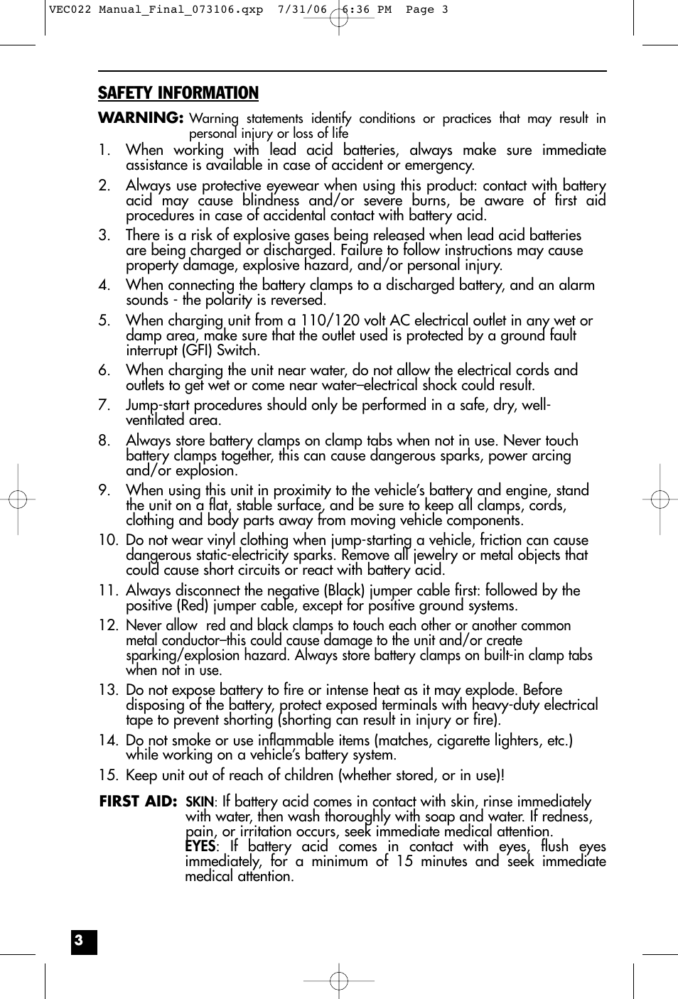 Safety information | Vector VEC022 User Manual | Page 3 / 15