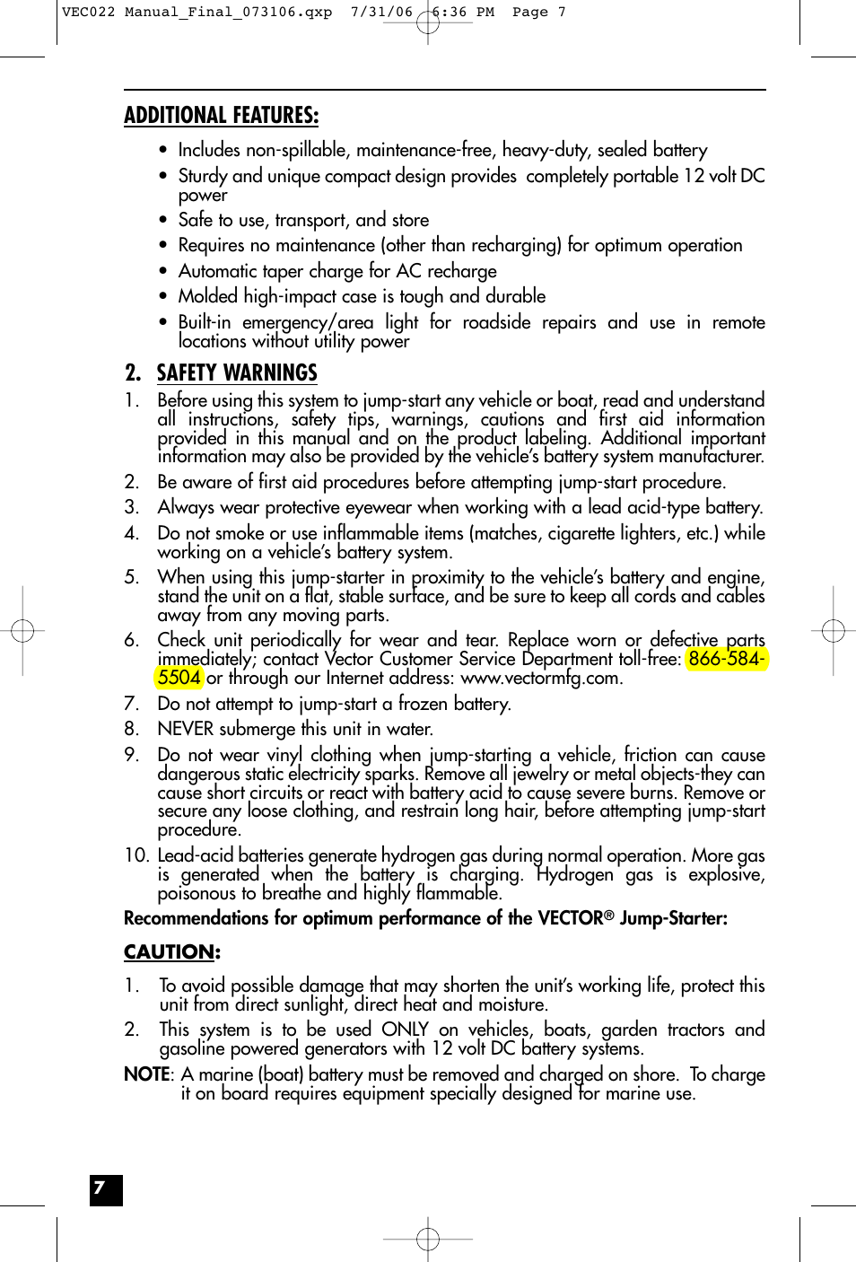 Additional features, Safety warnings | Vector VEC022 User Manual | Page 7 / 15