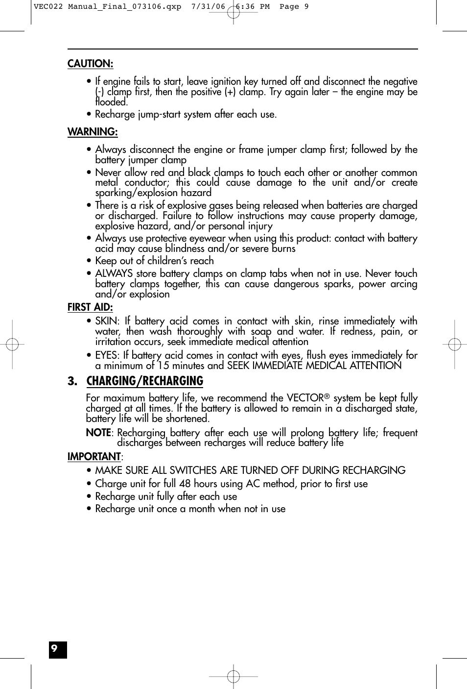 Charging/recharging | Vector VEC022 User Manual | Page 9 / 15