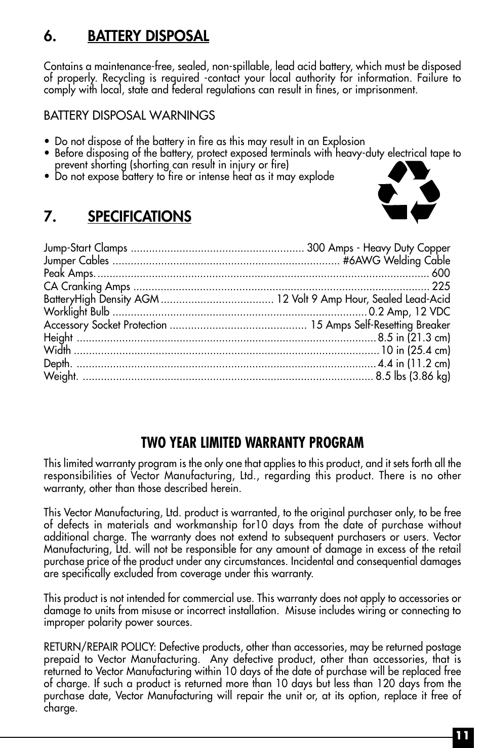 Battery disposal, Specifications, Two year limited warranty program | Vector Start-It VEC016 User Manual | Page 11 / 12