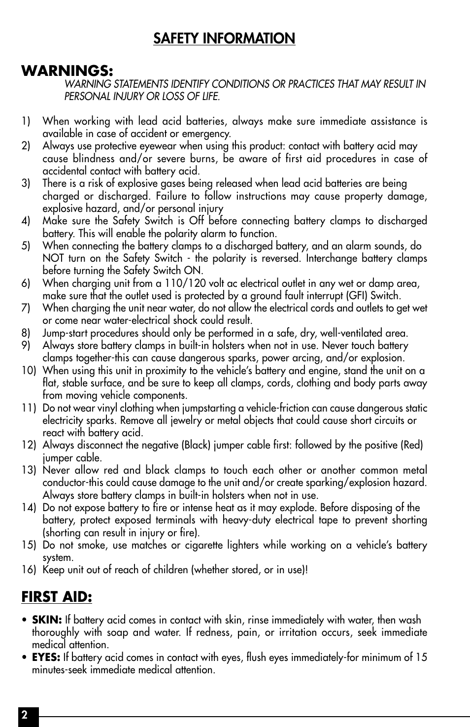 Safety information warnings, First aid | Vector Start-It VEC016 User Manual | Page 2 / 12