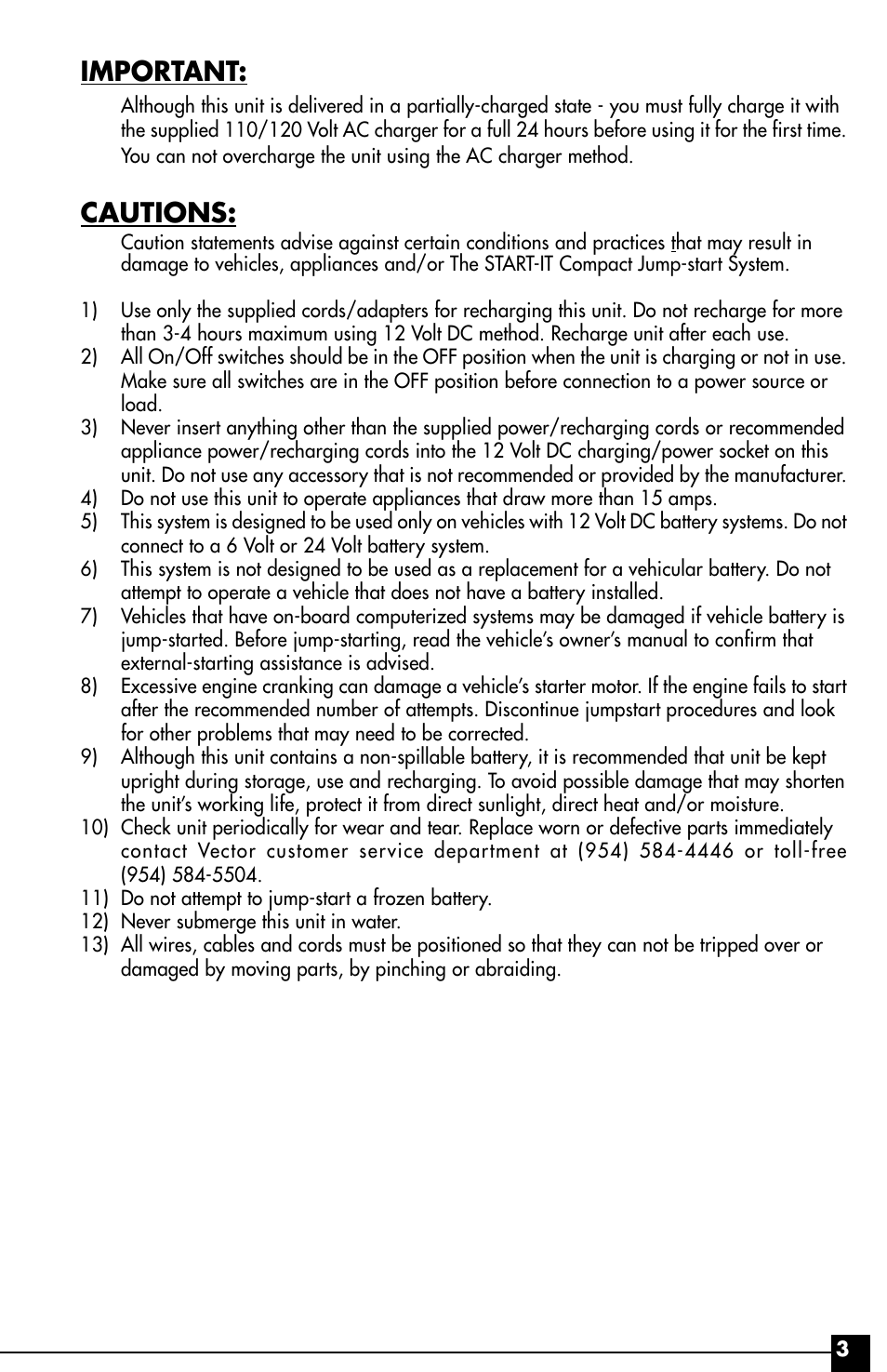 Important, Cautions | Vector Start-It VEC016 User Manual | Page 3 / 12